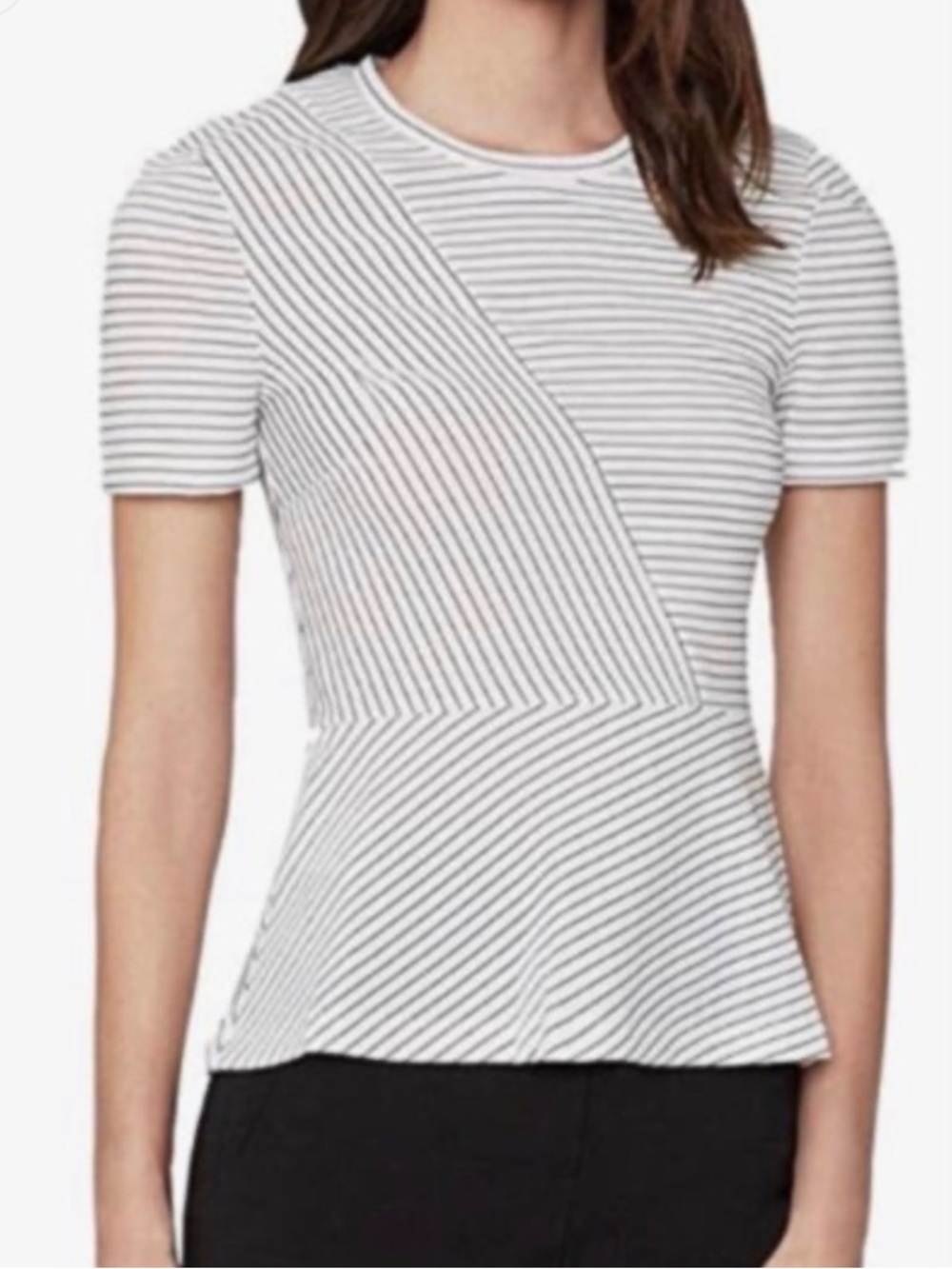 BCBGMaxAzria White and Black Striped Short-Sleeve Peplum Top
